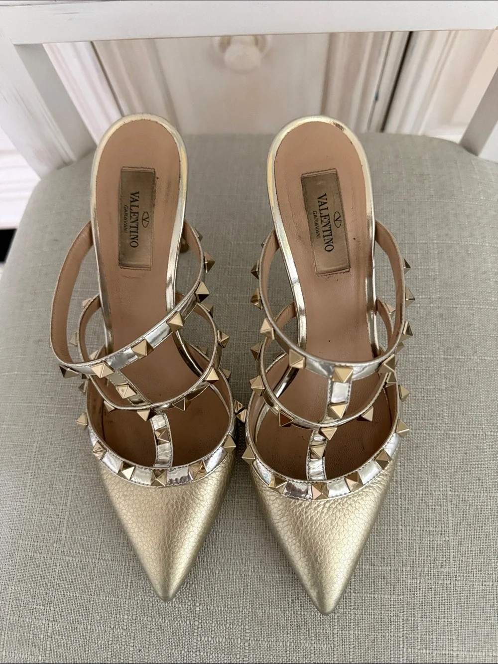 Valentino Metallic Gold Studded Pointed-Toe Slingback Heels